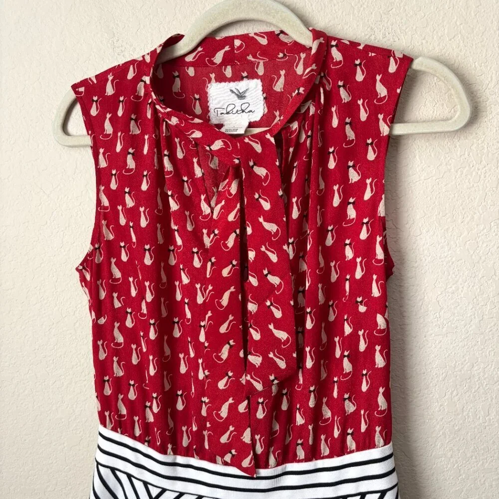Anthropologie Tabitha Cat Gatto Printed Novelty Dress Striped Tie Neck HTF Rare - Picture 5 of 15